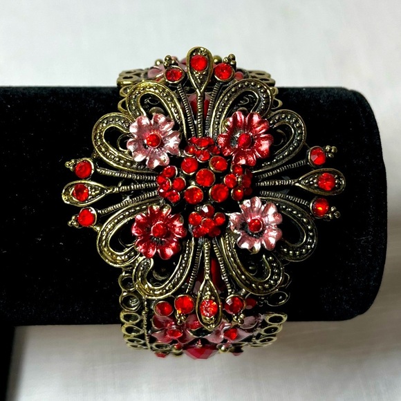 Vintage Large Pink and Red Floral and Jeweled Cuff Bracelet. Unique. Interesting - Picture 2 of 6